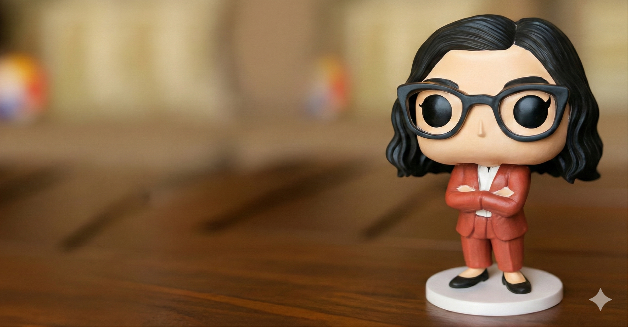 Funko Pop! vinyl figure of a person with glasses and a suit on a wooden surface